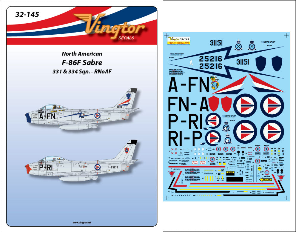 Vingtor Decals VTH32-145 North-American F-86F Sabre RNoAF 1:32