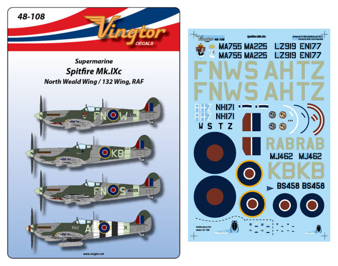 Vingtor Decals VTH48-108 1:48 Spitfire Mk.IXc North Weald 132 Wing RAF