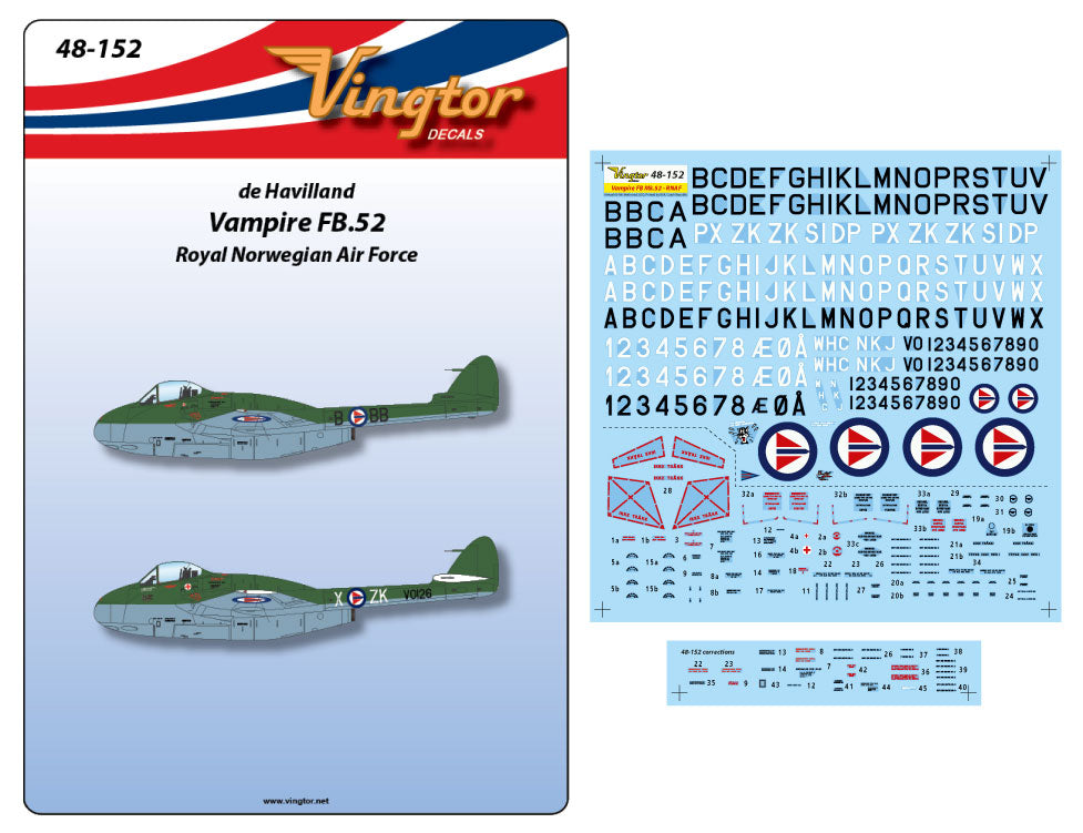 Vingtor Decals VTH48-152 1:48 de Havilland Vampire FB.52