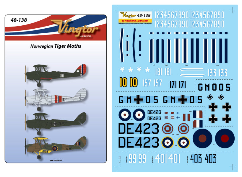 Vingtor Decals VTH48-138 1:48 Norwegian de Havilland DH.82a Tiger Moth
