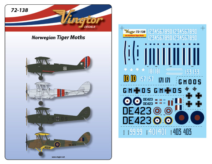 Vingtor Decals VTH72138 1:72 Norwegian de Havilland DH.82a Tiger Moth
