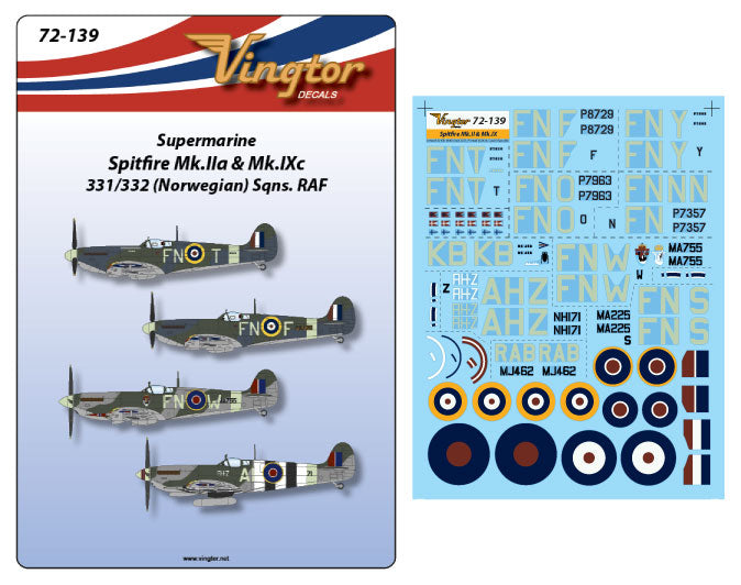 Vingtor Decals VTH72139 1:72 Supermarine Spitfire Mk.IIa & Mk.IXc, 331/332