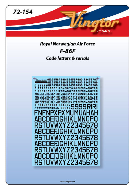 Vingtor Decals VTH72154 North-American F-86F Sabre RNoAF 1:72