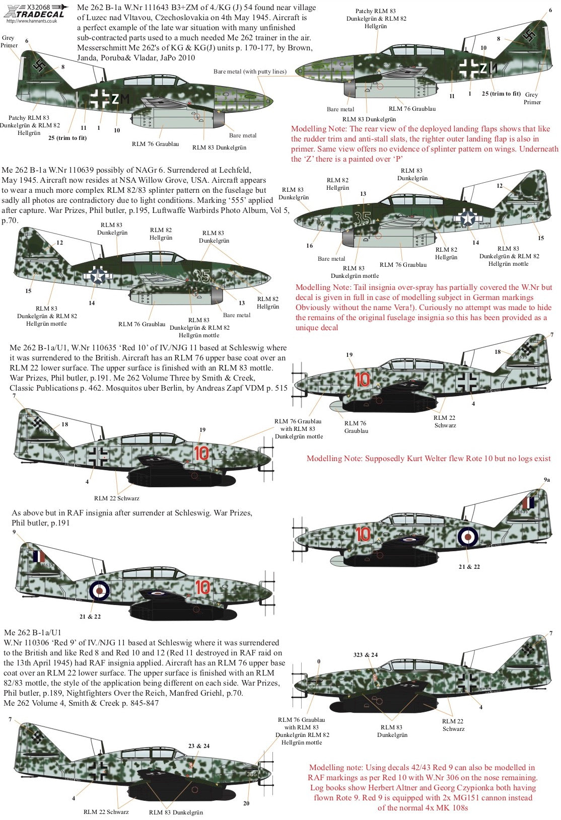 Xtradecal X32068 1:32 Messerschmitt Me-262B-1a
