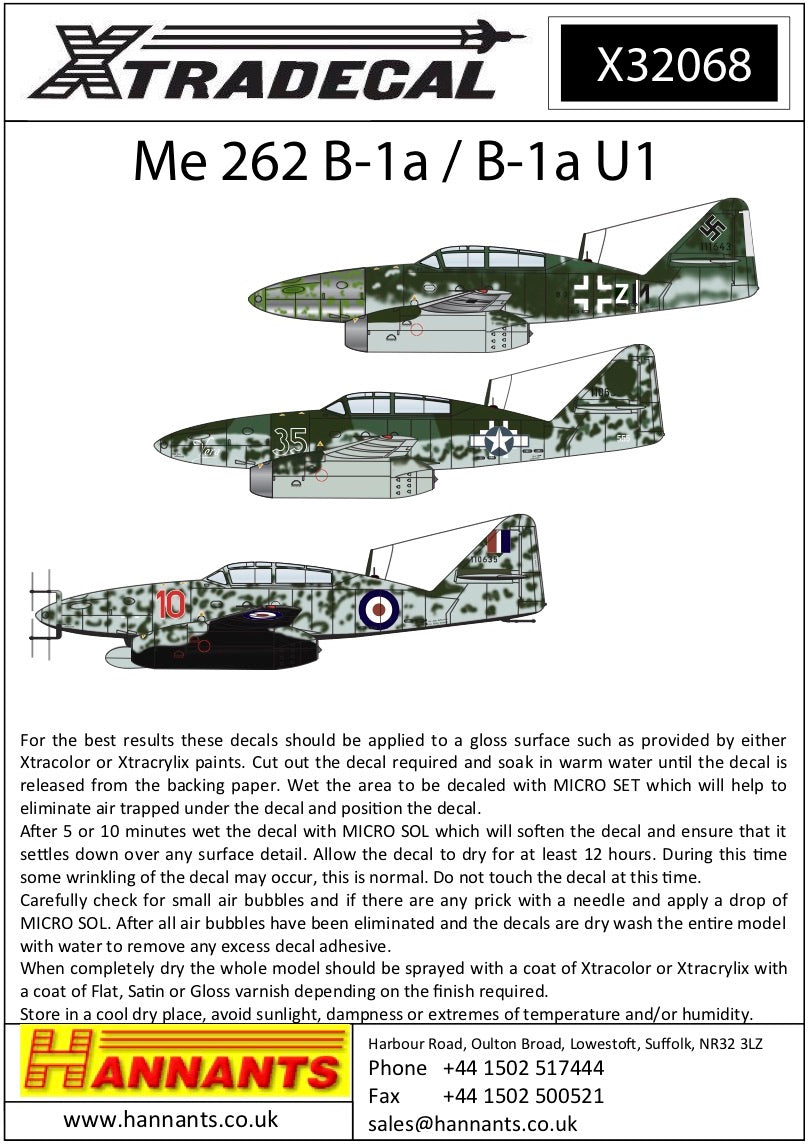 Xtradecal X32068 1:32 Messerschmitt Me-262B-1a