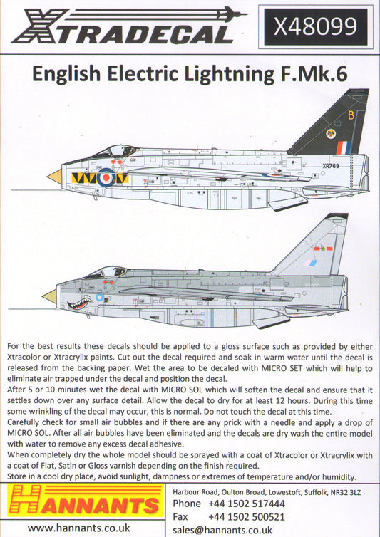 Xtradecal X48099 1:48 REPRINTED!! BAe/EE Lightning F.3A and F.6