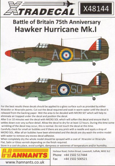Xtradecal X48144 1:48 Hawker Hurricane Mk.I Battle of Britain 1940 Pt.1