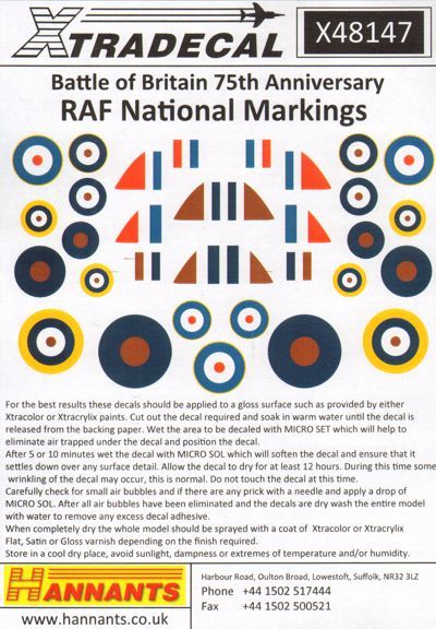 Xtradecal X48147 Spitfire & Hurricane BoB National Insignia 1:48