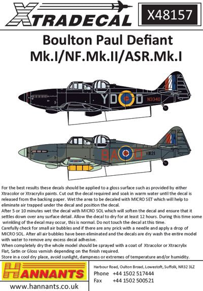 Xtradecal X48157 1:48 Boulton-Paul Defiant Mk.I/NF.II/ ASR.Mk.I