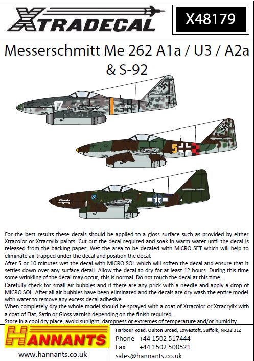 Xtradecal X48179 1:48 Messerschmitt Me-262A1a/U3/A2A/ S-92