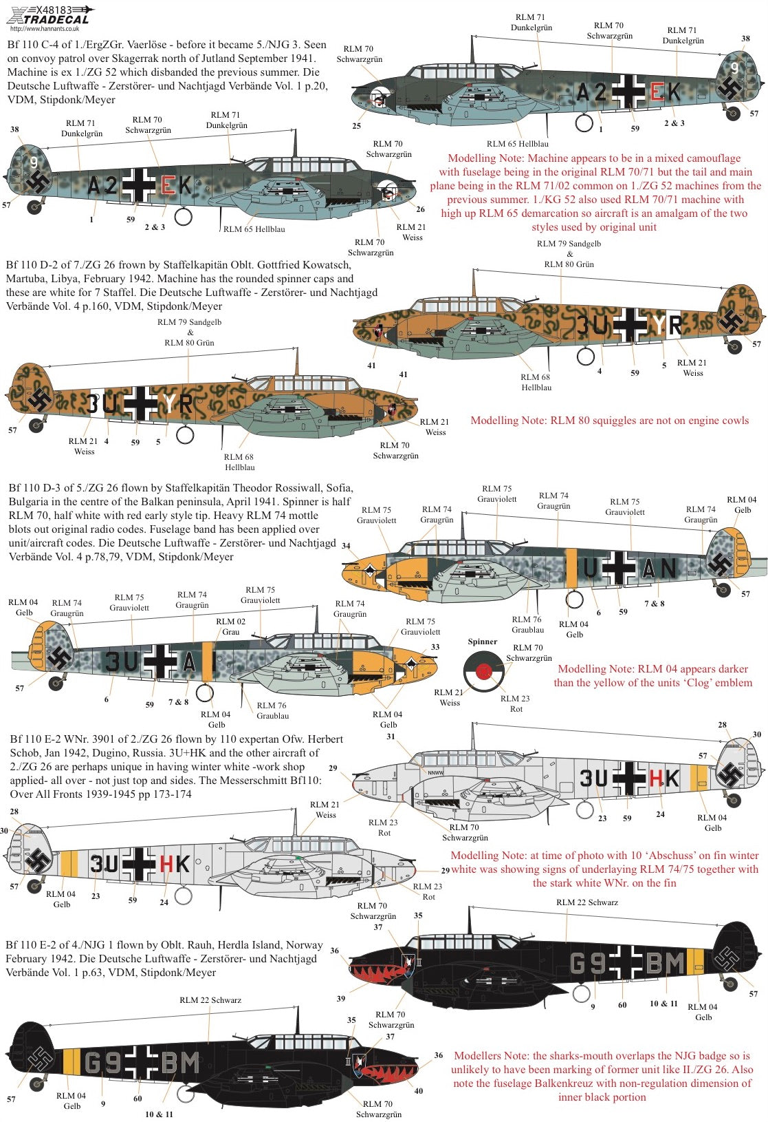 Xtradecal X48183 1:48 Messerschmitt Bf-110C/Bf-110D/Bf-110E/Bf-110F/Bf-110G