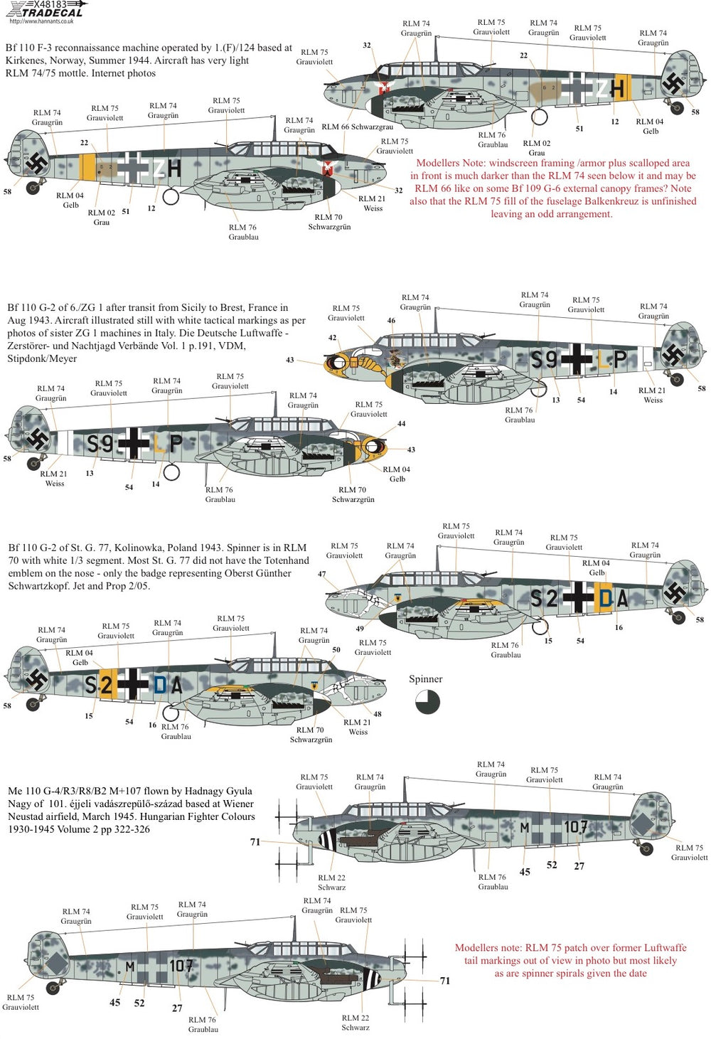 Xtradecal X48183 1:48 Messerschmitt Bf-110C/Bf-110D/Bf-110E/Bf-110F/Bf-110G