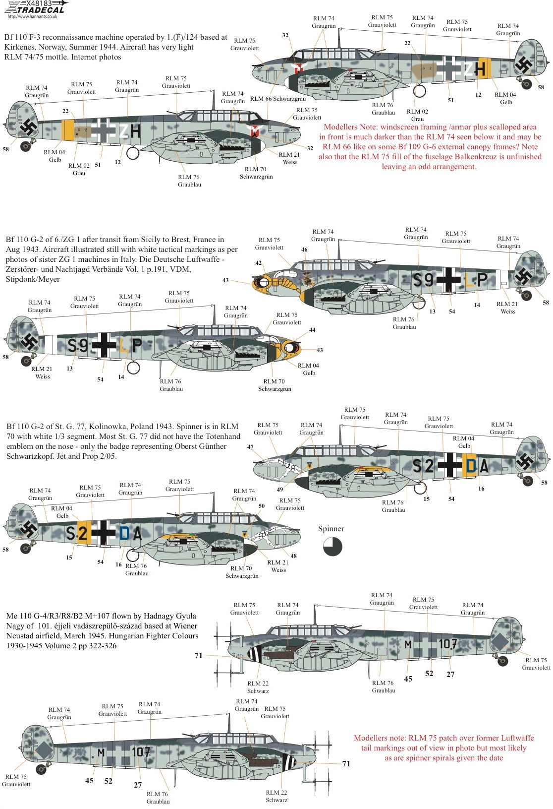 Xtradecal X48183 1:48 Messerschmitt Bf-110C/Bf-110D/Bf-110E/Bf-110F/Bf-110G