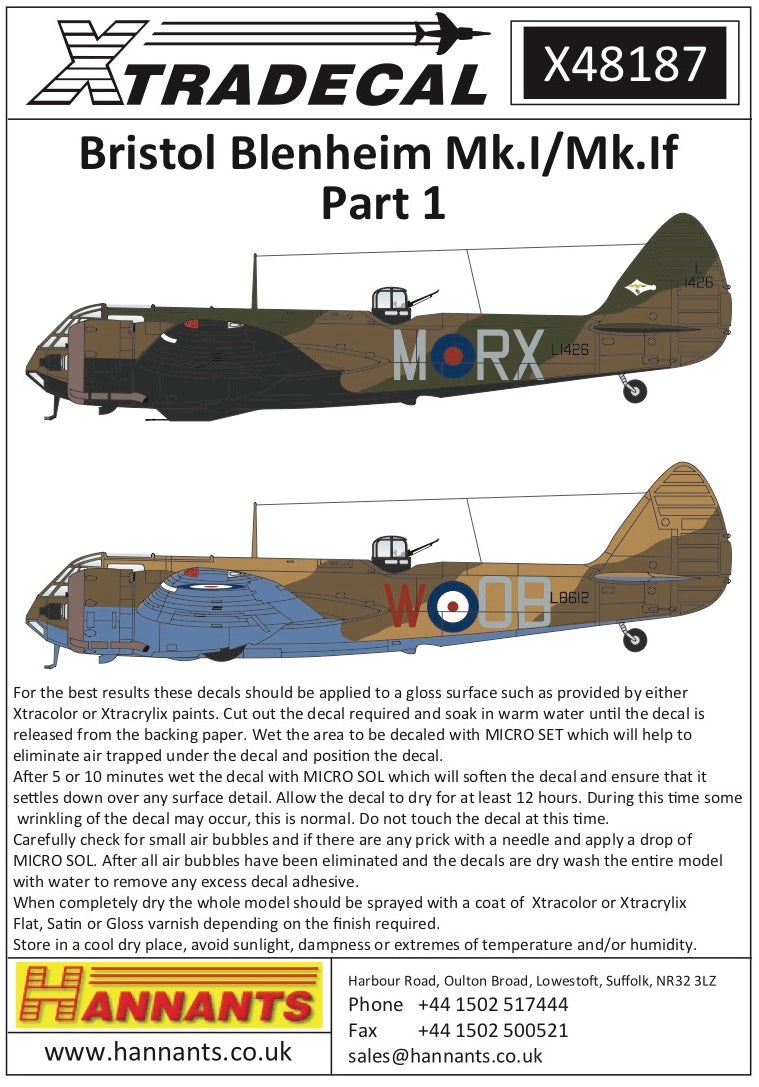 Xtradecal X48187 1:48 Bristol Blenheim Mk.I/Mk.IF