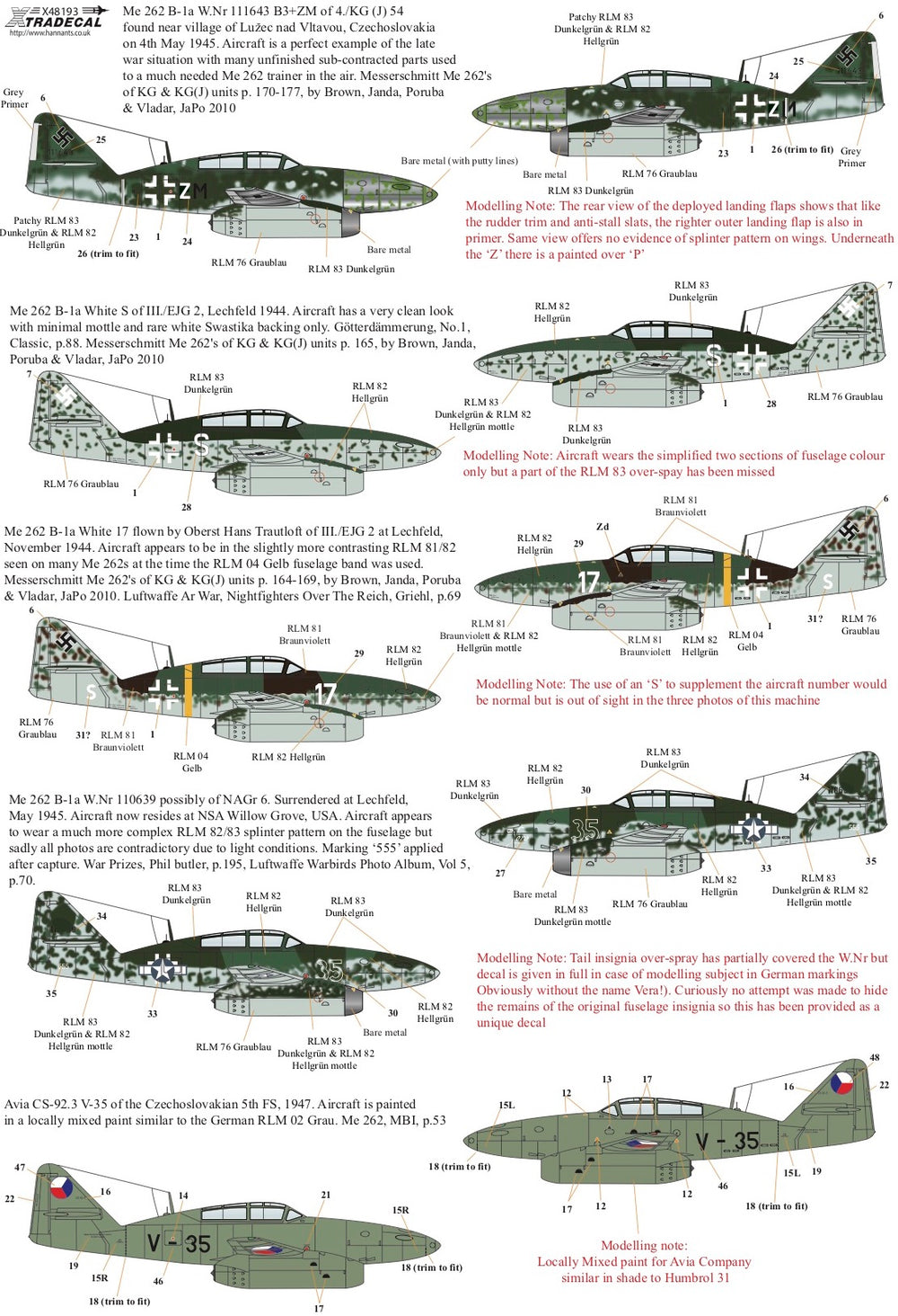 Xtradecal X48193 1:48 Messerschmitt Me-262B-1a