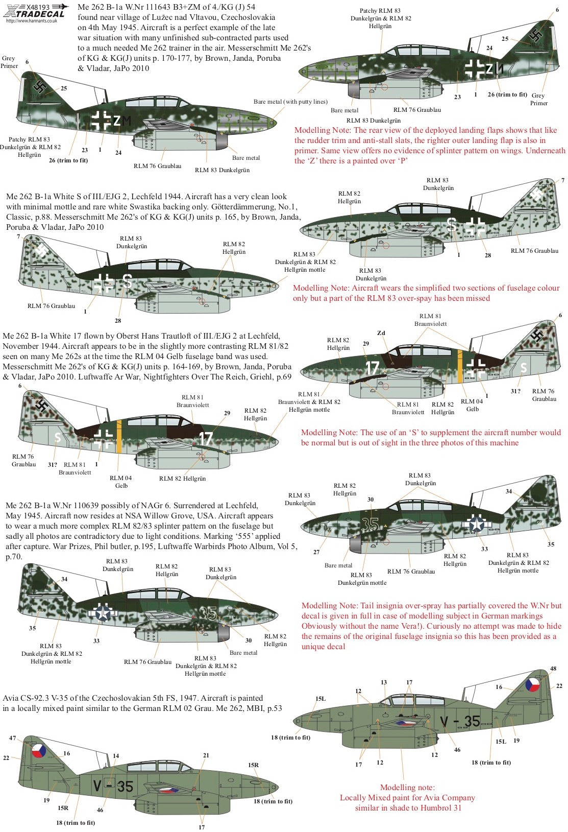 Xtradecal X48193 1:48 Messerschmitt Me-262B-1a