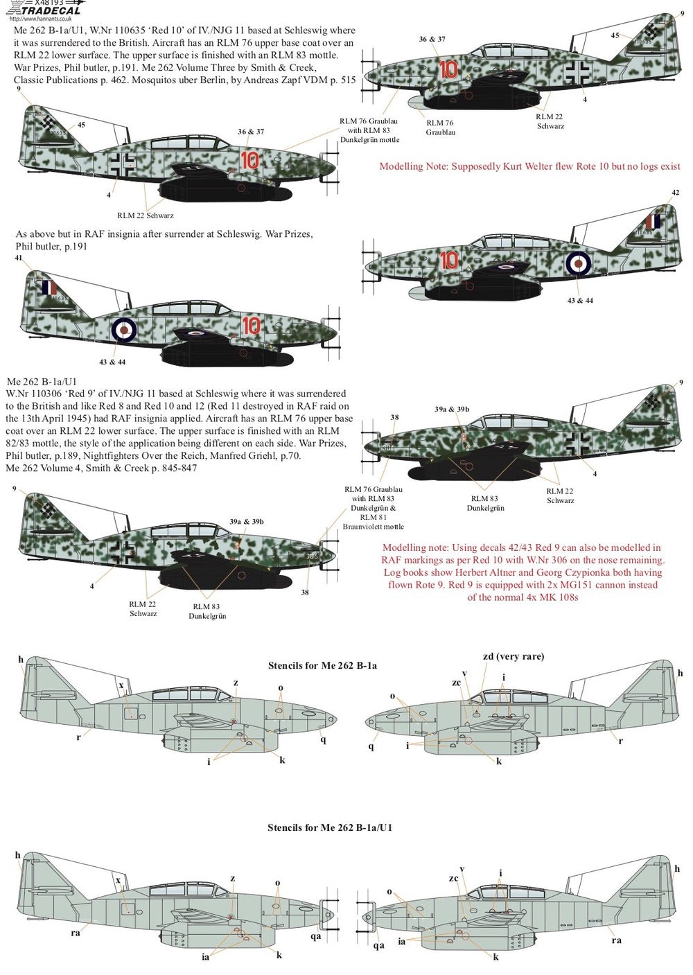 Xtradecal X48193 1:48 Messerschmitt Me-262B-1a