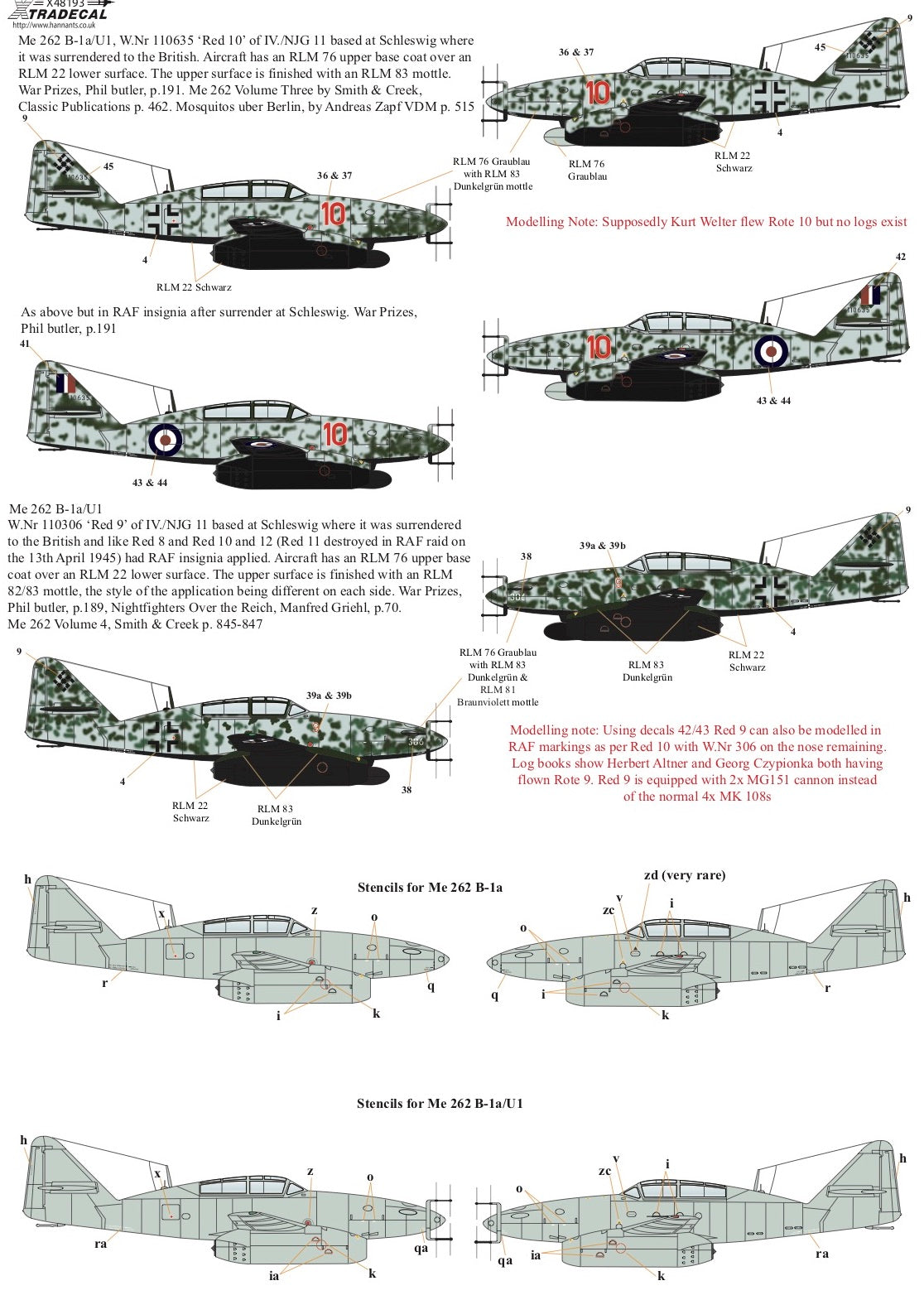 Xtradecal X48193 1:48 Messerschmitt Me-262B-1a