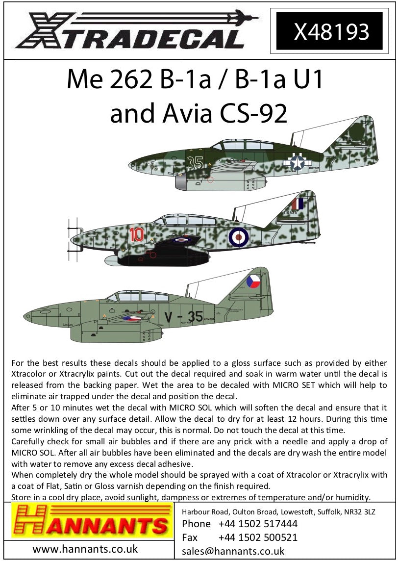 Xtradecal X48193 1:48 Messerschmitt Me-262B-1a
