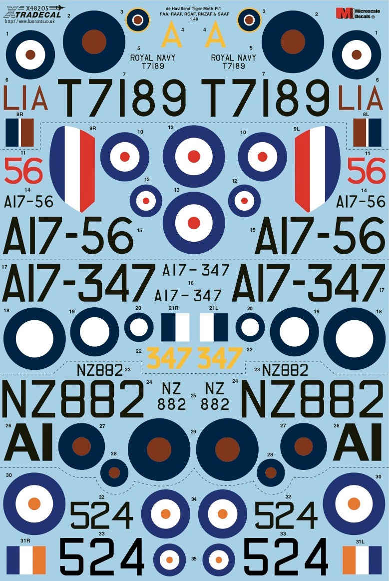 Xtradecal X48205 de Havilland DH.82a Tiger Moth Pt 1 FAA/RAAF 1:48