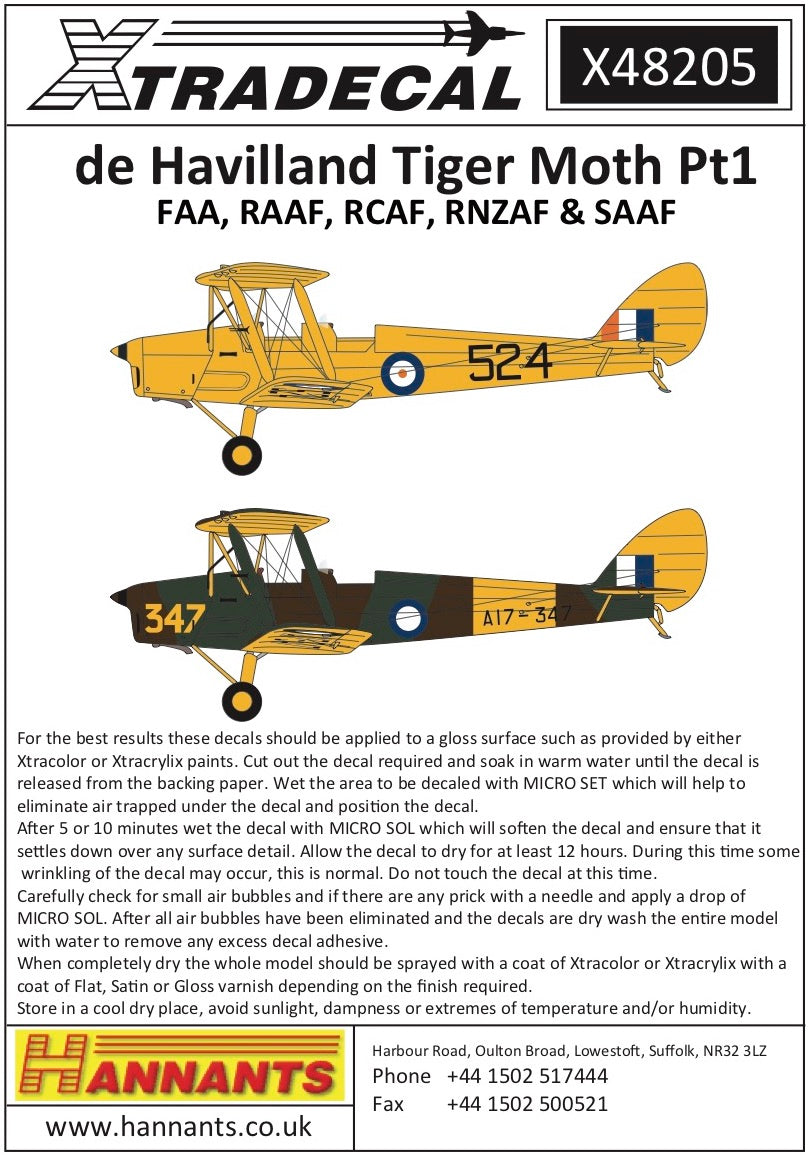 Xtradecal X48205 de Havilland DH.82a Tiger Moth Pt 1 FAA/RAAF 1:48