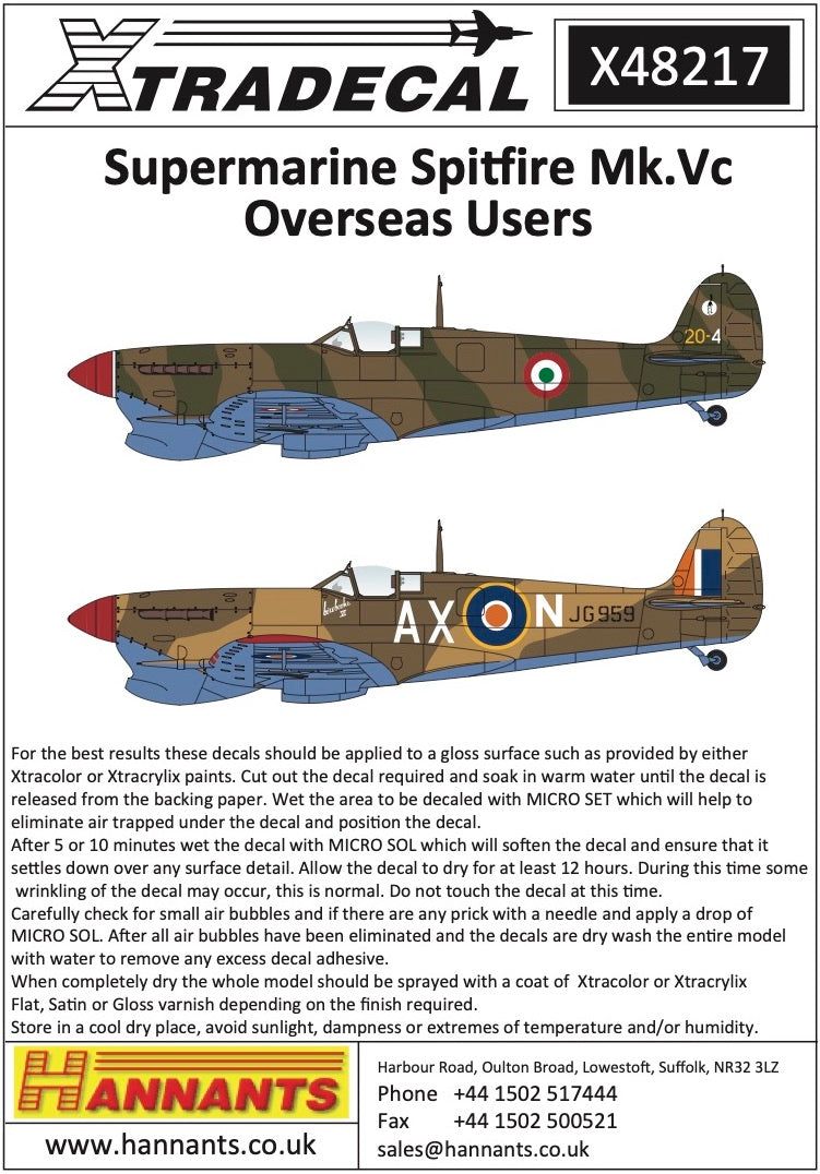 Xtradecal X48217 1:48 Supermarine Spitfire Mk.Vc Overseas Users