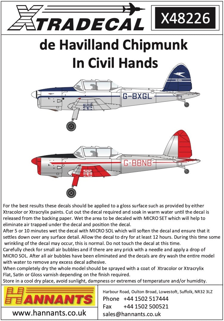 Xtradecal X48226 1:48 de Havilland Chipmunk In Civil Hands