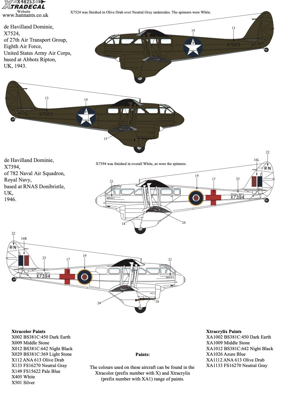 Xtradecal X48253 1:48 de Havilland DH.89 Dragon Rapide,/Dominie