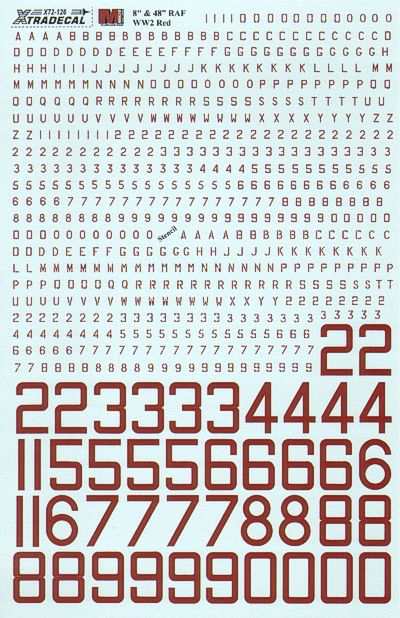 Xtradecal X72126 RAF WWII Red 8 inch Serial Letters and Numbers 1:72