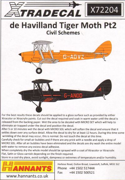 Xtradecal X72204 DH.82A Tiger Moth Pt 2 Civil Schemes 1:72