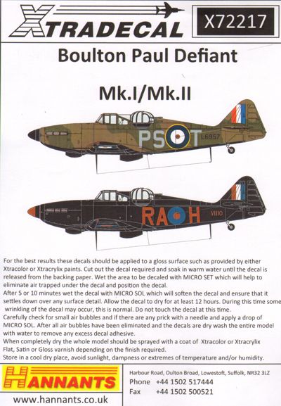 Xtradecal X72217 1:72 Boulton-Paul Defiant Mk.Is