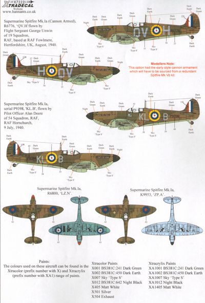 Xtradecal X72221 Supermarine Spitfire Mk.Ia Battle of Britain Pt 1 1:72