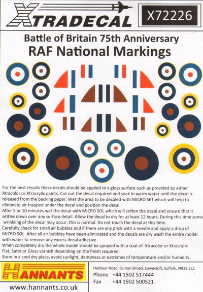 Xtradecal X72226 Spitfire and Hurricane BoB National Insignia 1:72