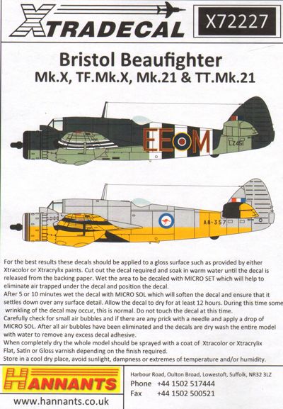 Xtradecal X72227 1:72 Bristol Beaufighter Mk.X, TF Mk.X, Mk.21, TT Mk.21