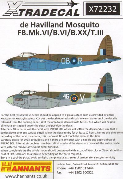 Xtradecal X72232 de Havilland Mosquito T.III B.IV FB.VI B.XX 1:72