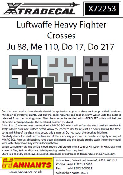 Xtradecal X72253 Luftwaffe Heavy Fighter Crosses Ju-88 Do-17 Bf-110 1:72