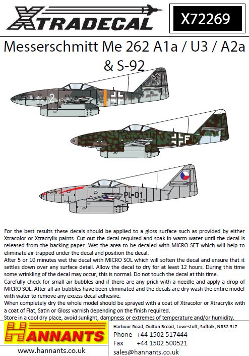 Xtradecal X72269 1:72 Messerschmitt Me-262A-1a / U3 / A2A / S-92