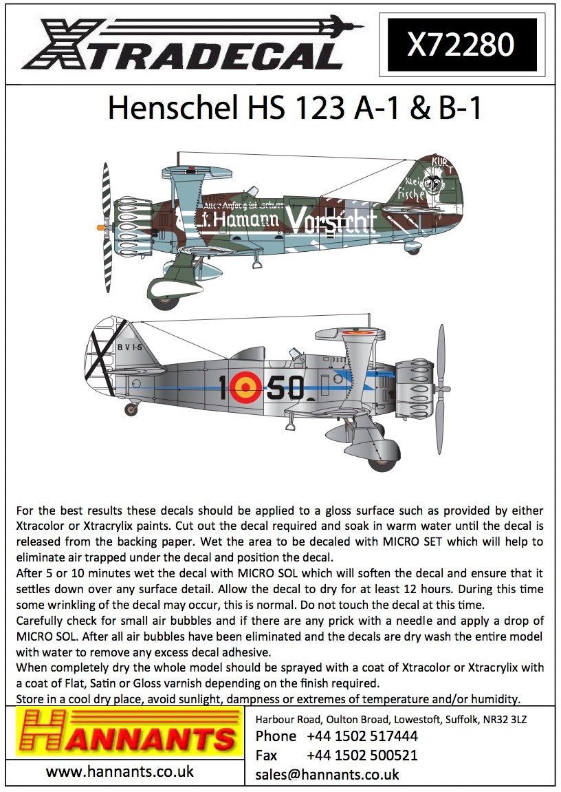 Xtradecal X72280 1:72 Henschel Hs-123A-1/Hs-123B-1