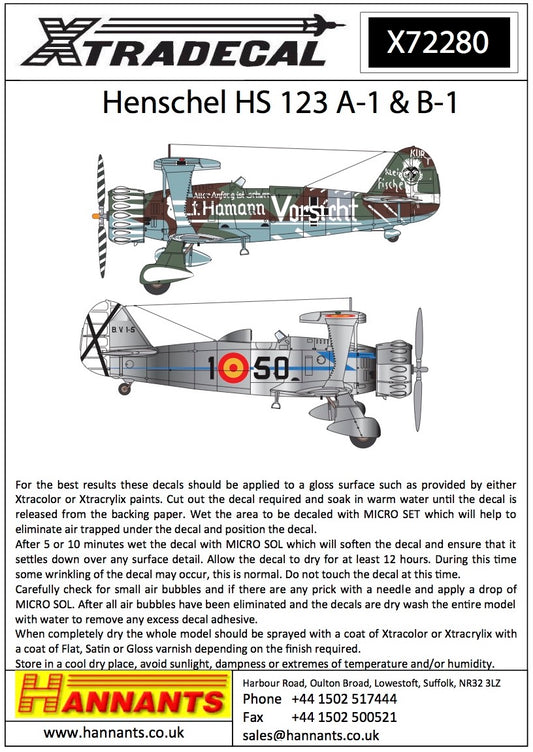Xtradecal X72280 1:72 Henschel Hs-123A-1/Hs-123B-1