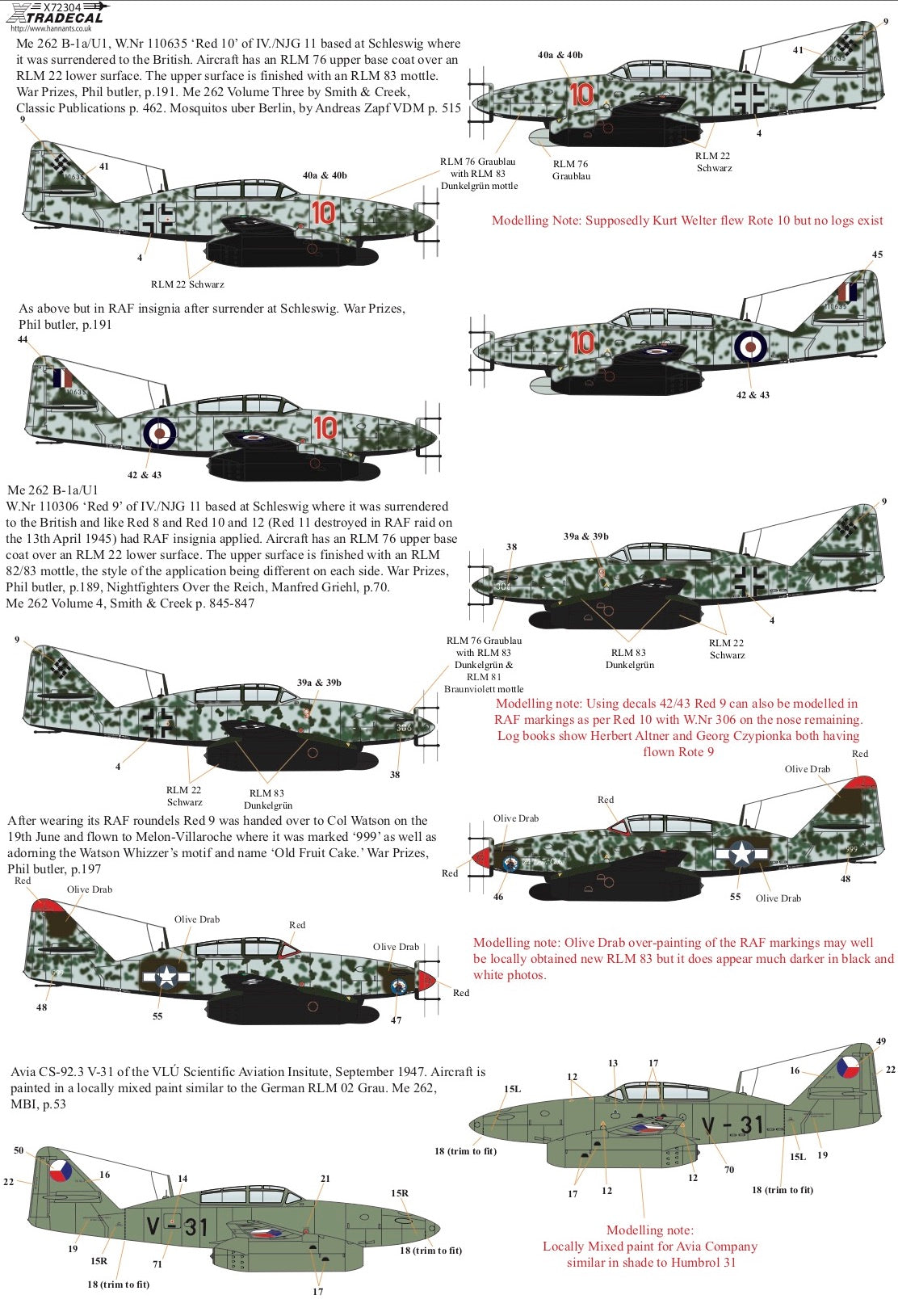 Xtradecal X72304 1:72 Messerschmitt Me-262B-1a