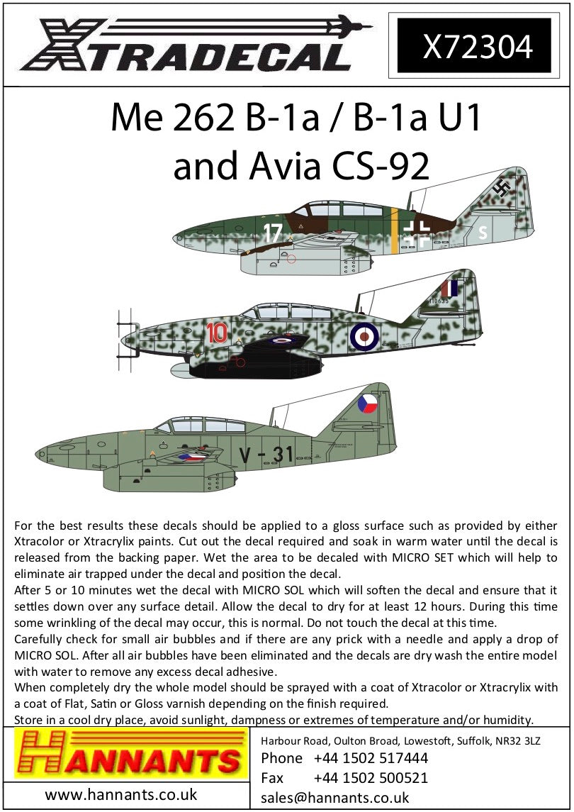 Xtradecal X72304 1:72 Messerschmitt Me-262B-1a