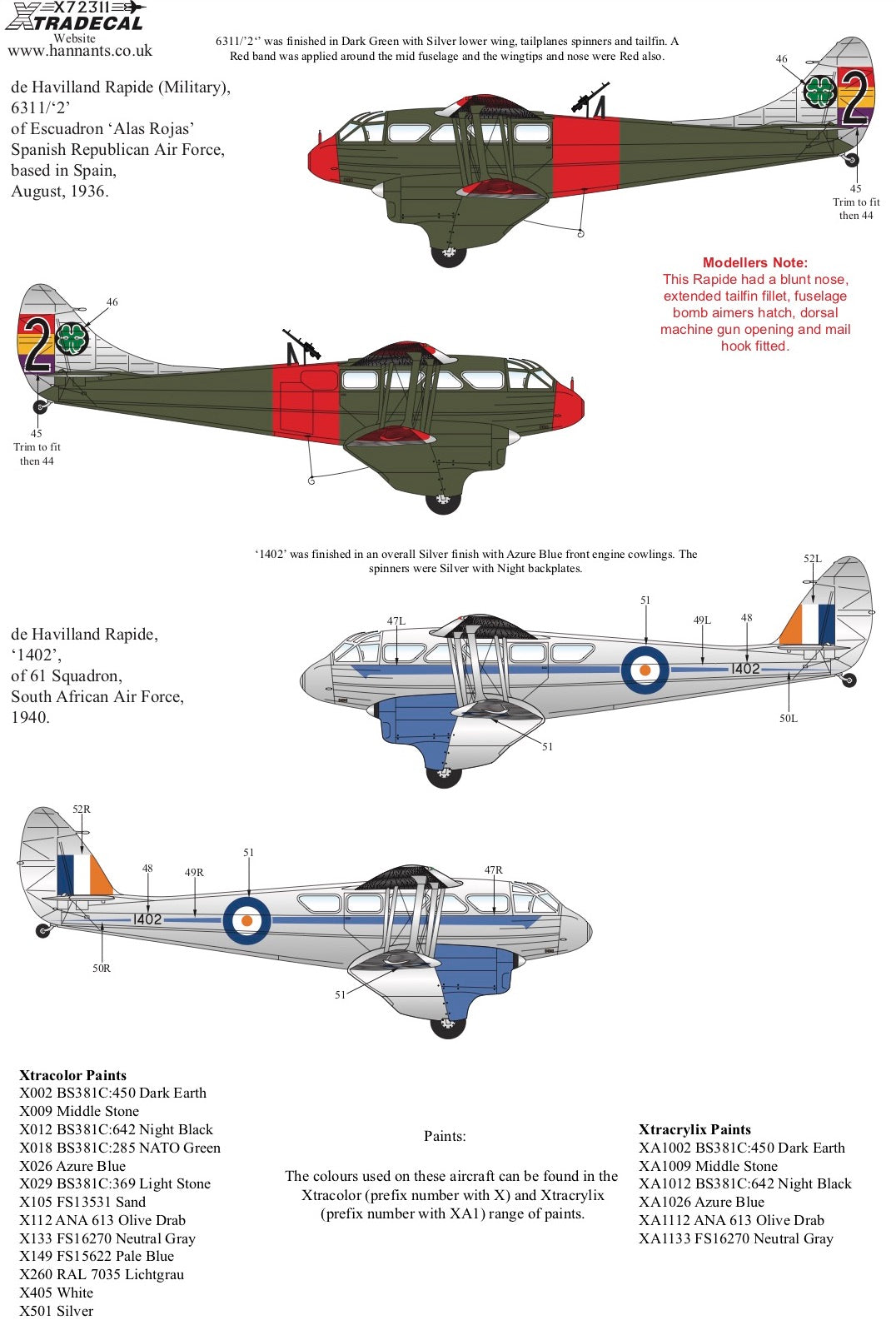 Xtradecal X72311 1:72 de Havilland Dominie/Rapide in Military Service