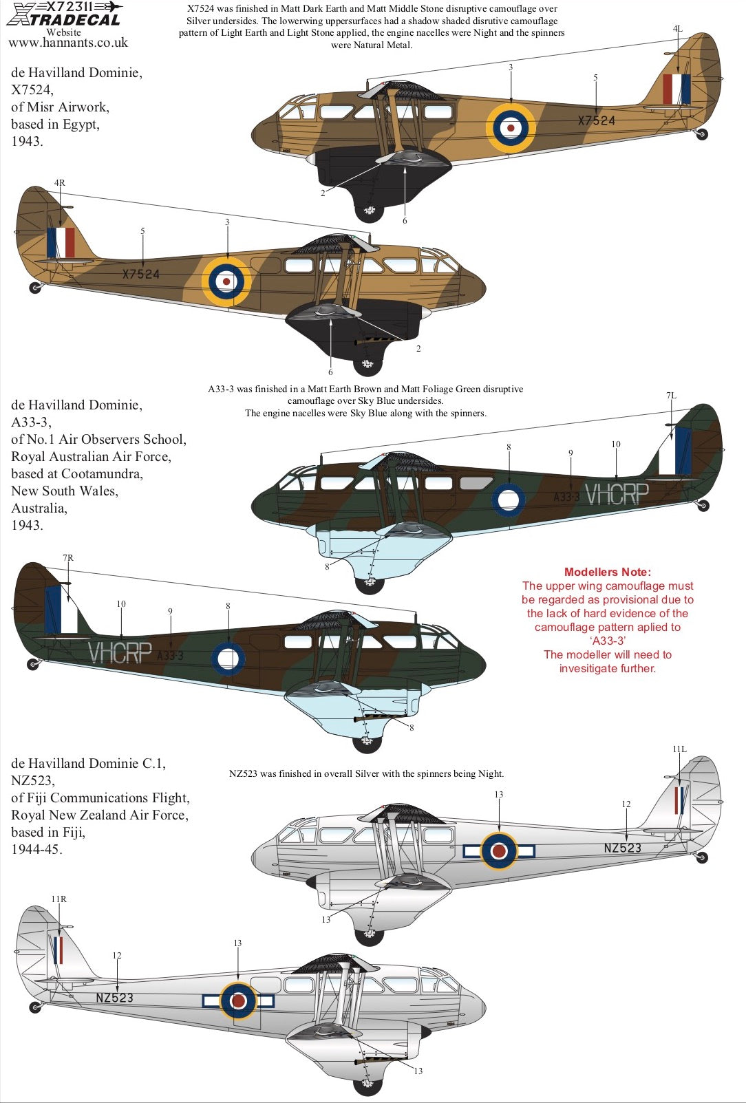 Xtradecal X72311 1:72 de Havilland Dominie/Rapide in Military Service