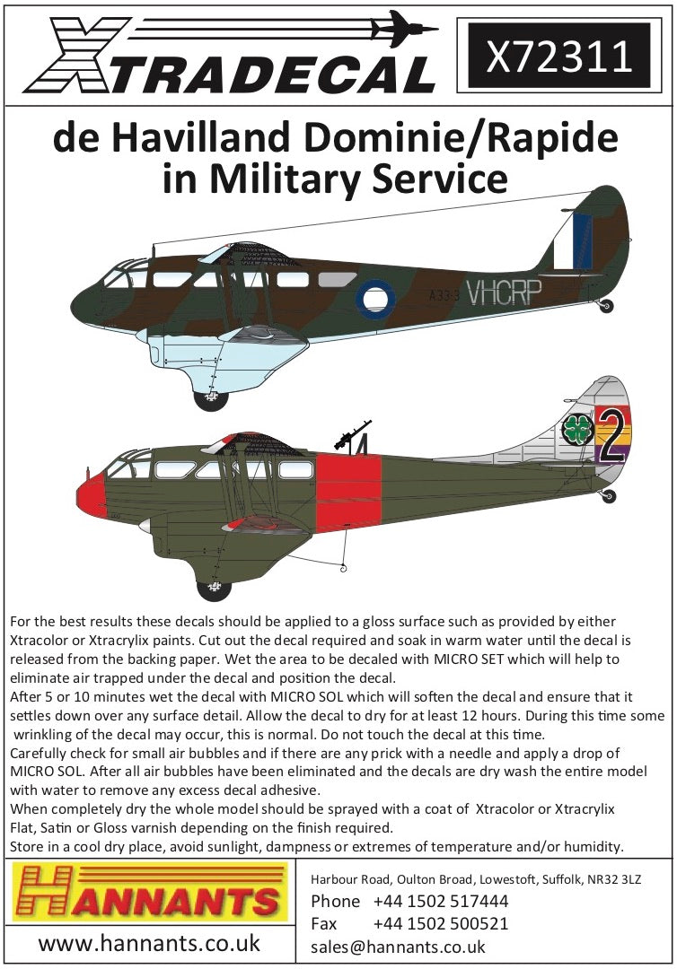 Xtradecal X72311 1:72 de Havilland Dominie/Rapide in Military Service