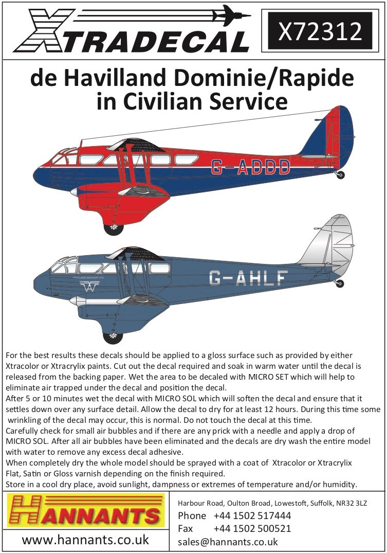 Xtradecal X72312 1:72 de Havilland Rapide in Civilian Service