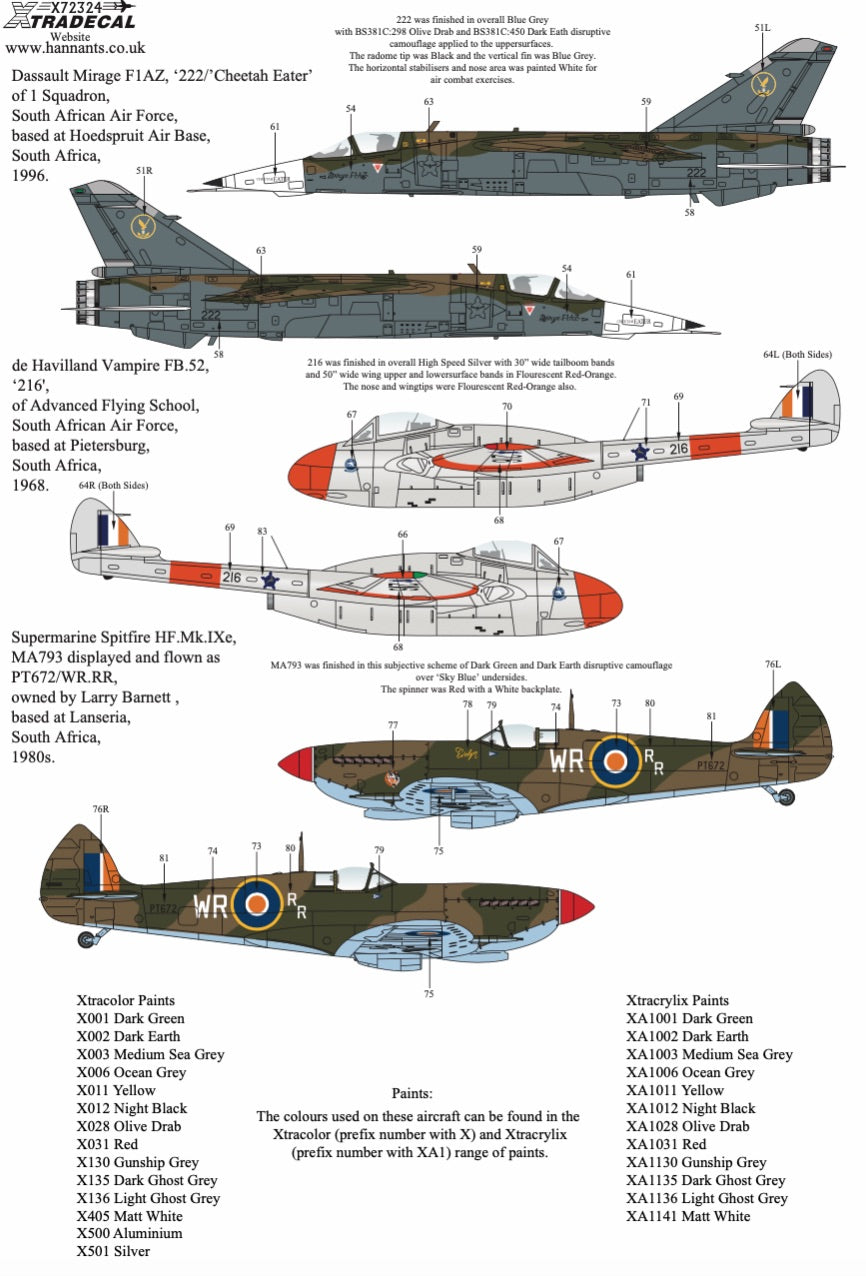 Xtradecal X72324 SAAF Fighters Post War to Modern Collection Pt 2 1:72