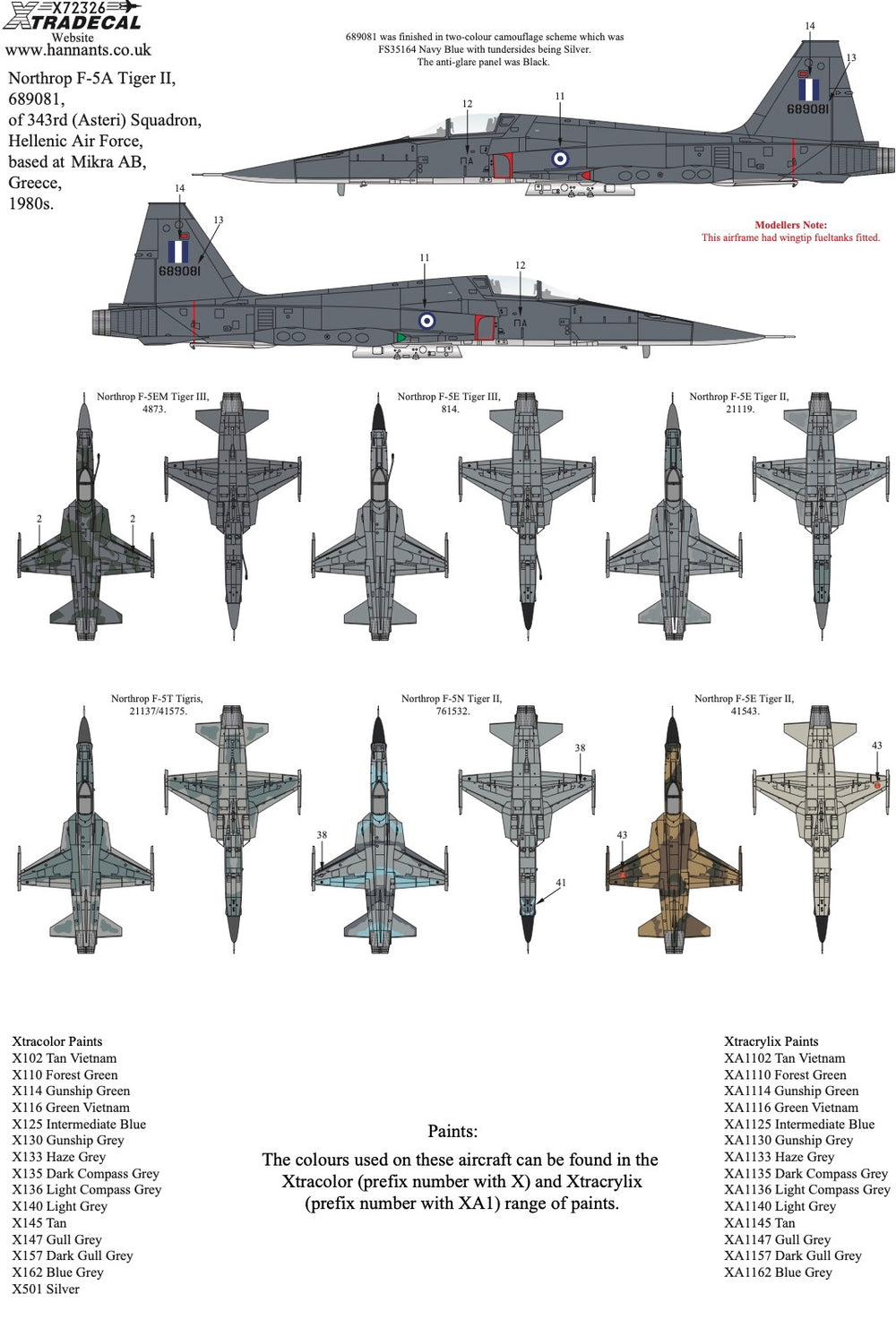Xtradecal X72326 1:72 Northrop F-5 Tiger II Worldwide Collection Pt2