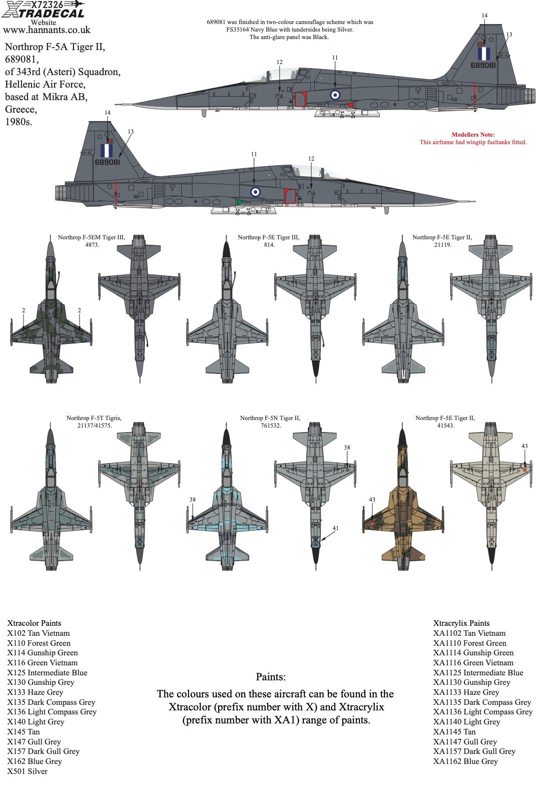 Xtradecal X72326 1:72 Northrop F-5 Tiger II Worldwide Collection Pt2