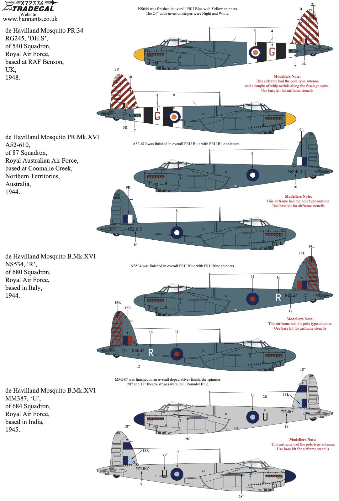 Xtradecal X72336 1:72 de Havilland Mosquito B.Mk.XVI & PR.34 Collection
