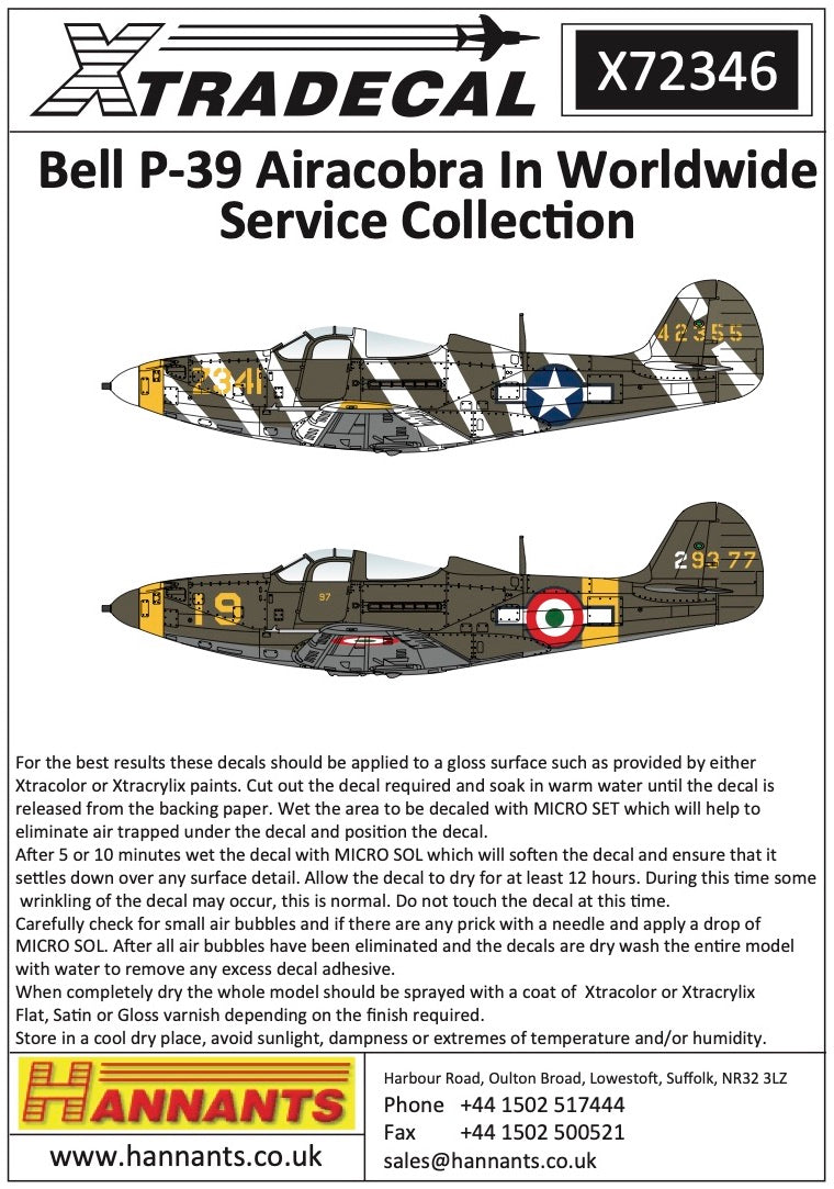 Xtradecal X72346 1:72 Bell P-39 Airacobra In Worldwide Service Collection.